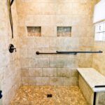 Bathroom Remodel Clay Walk in Shower Cherry Vanity