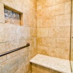 Bathroom Remodel Clay Walk in Shower Cherry Vanity