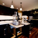 Liverpool NY kitchen remodel with custom beverage center and dark wood cabinetry