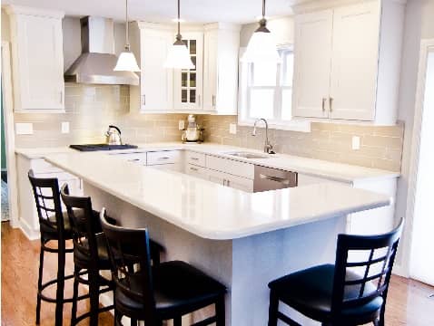 Kitchen remodel with white cabinets, large island and open layout