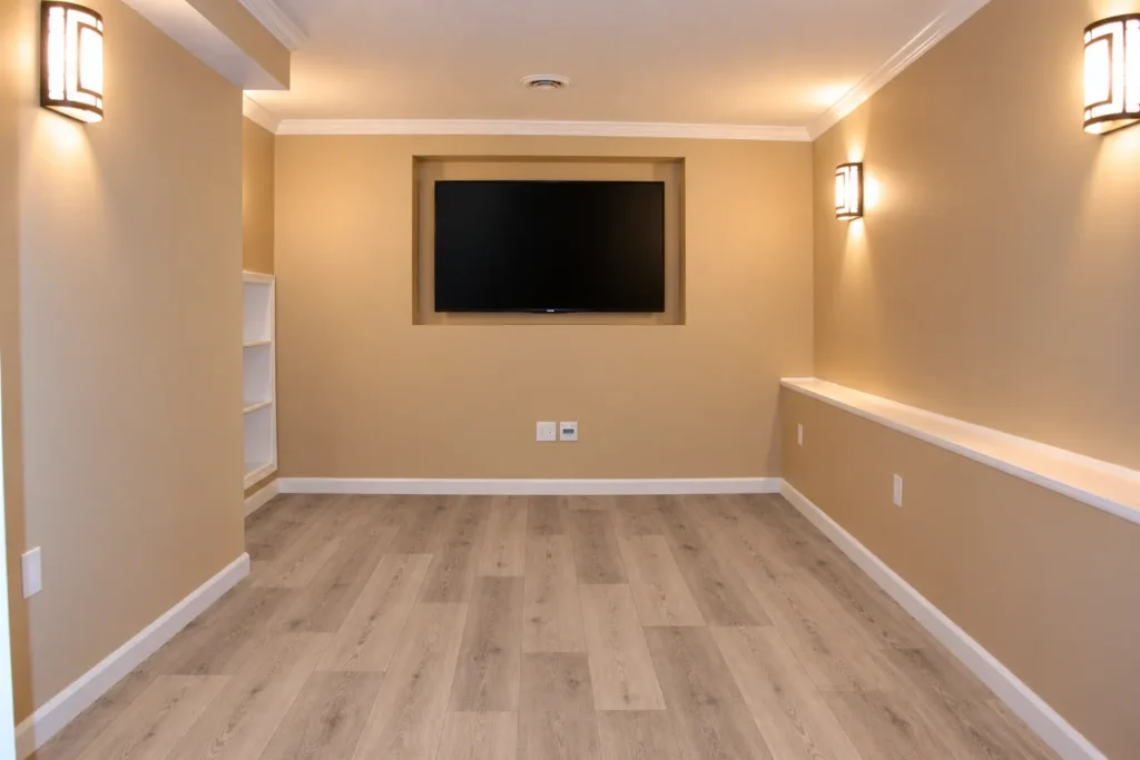 Basement Remodel with media room and sconce lighting