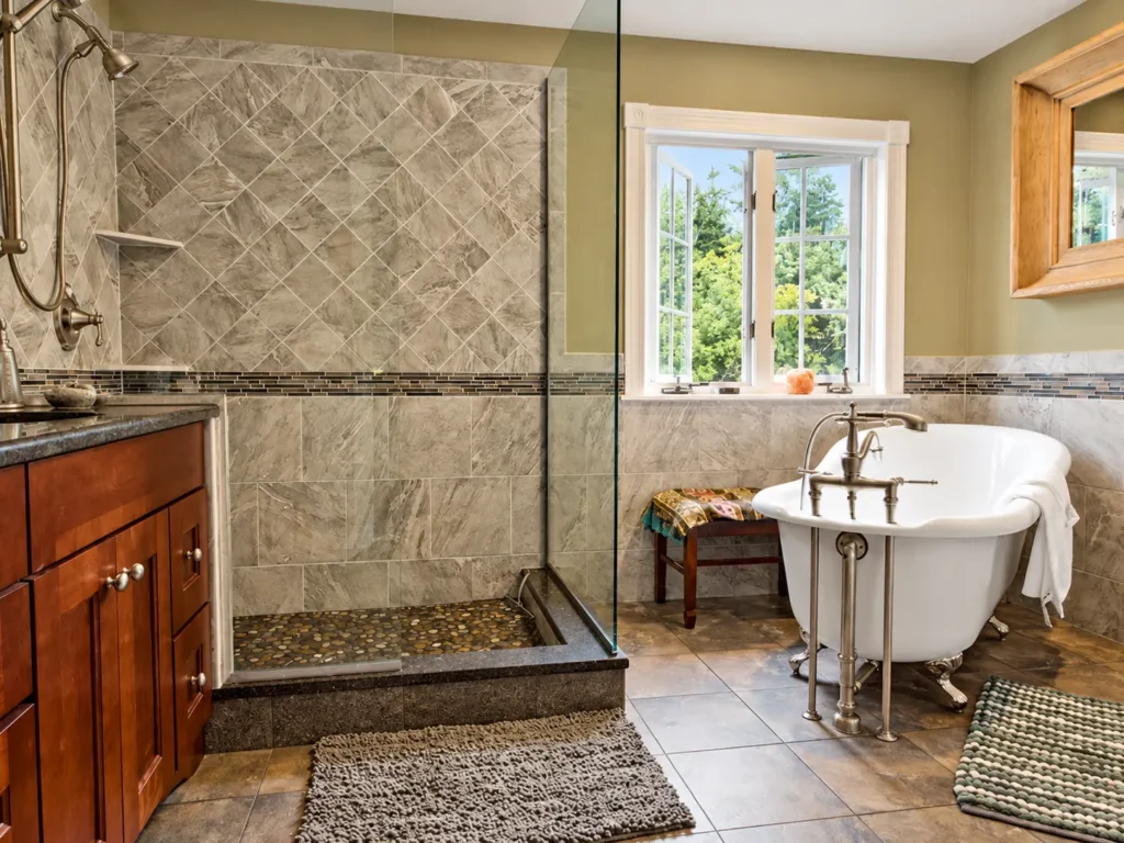 Fayetteville NY Primary Bathroom remodel free standing tub and large walk in shower