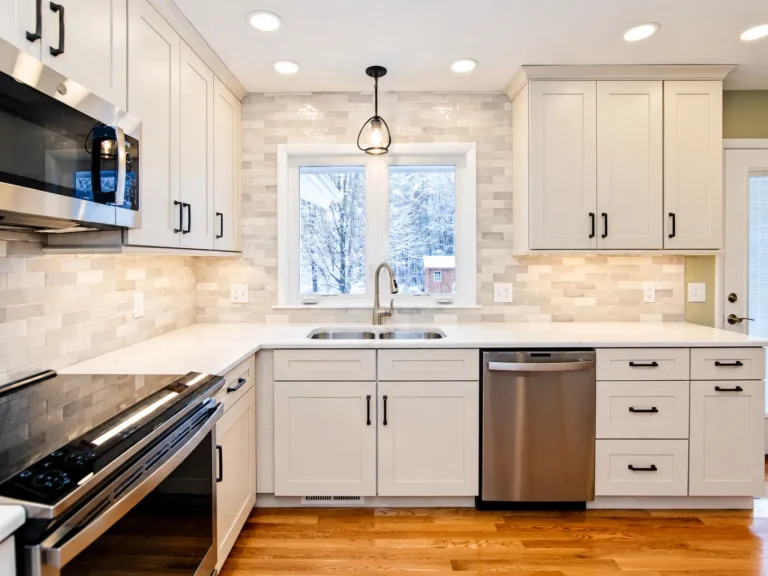 Kitchen Remodel Syracuse NY white cabinets well lit tile backsplash