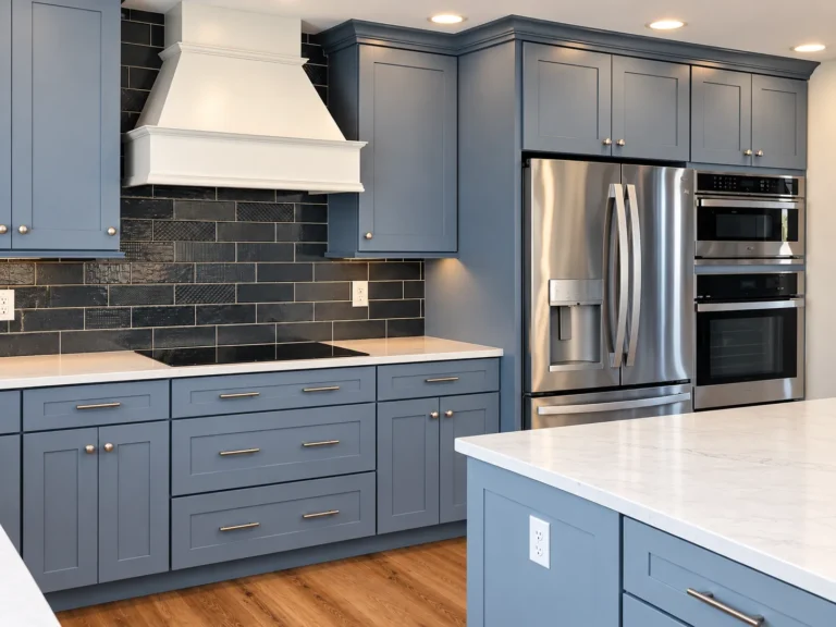 Kitchen Remodel Modern light blue cabinets with detailed wood hood